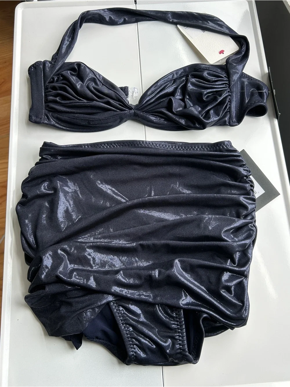 Norma Kamali Bill Bra & Bill Bottom Bikini Set Size S True Navy NWT Metallic - Picture 3 of 12